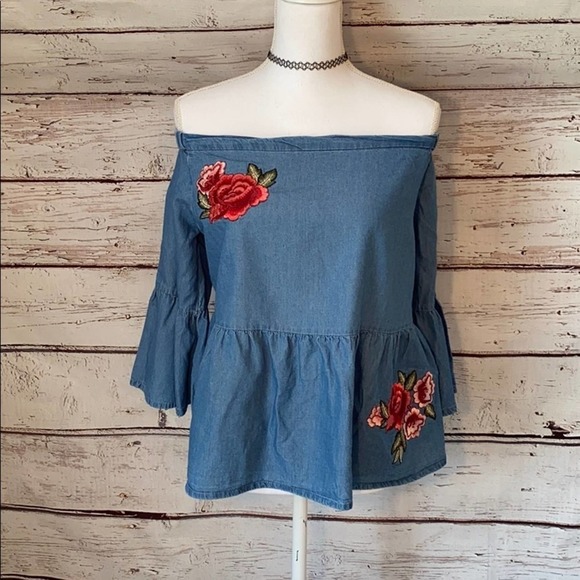 a.n.a Tops - a.n.a Jean Off Shoulder Floral Embroidered Top L